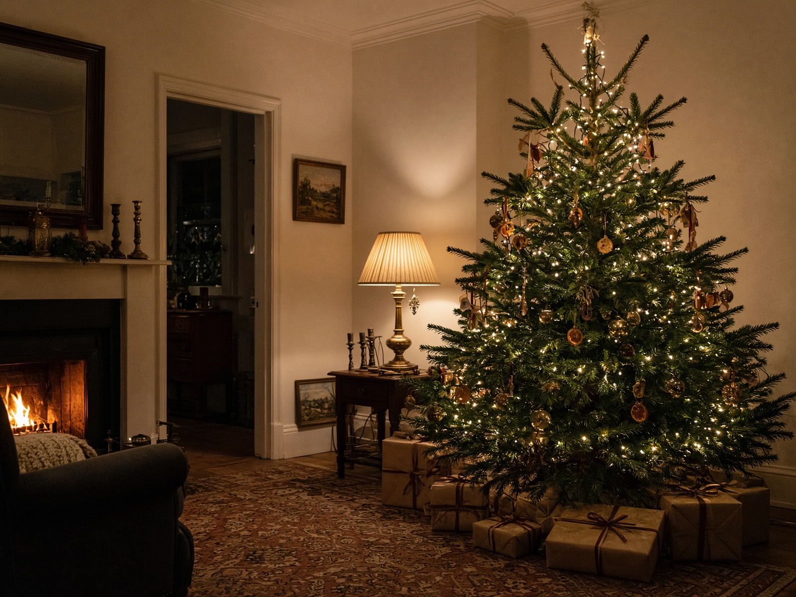 A decorated Nordmann fir in a Manchester living room